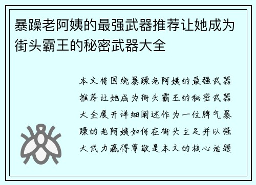 暴躁老阿姨的最强武器推荐让她成为街头霸王的秘密武器大全