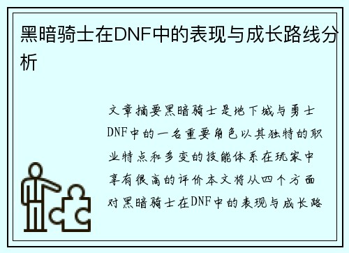 黑暗骑士在DNF中的表现与成长路线分析